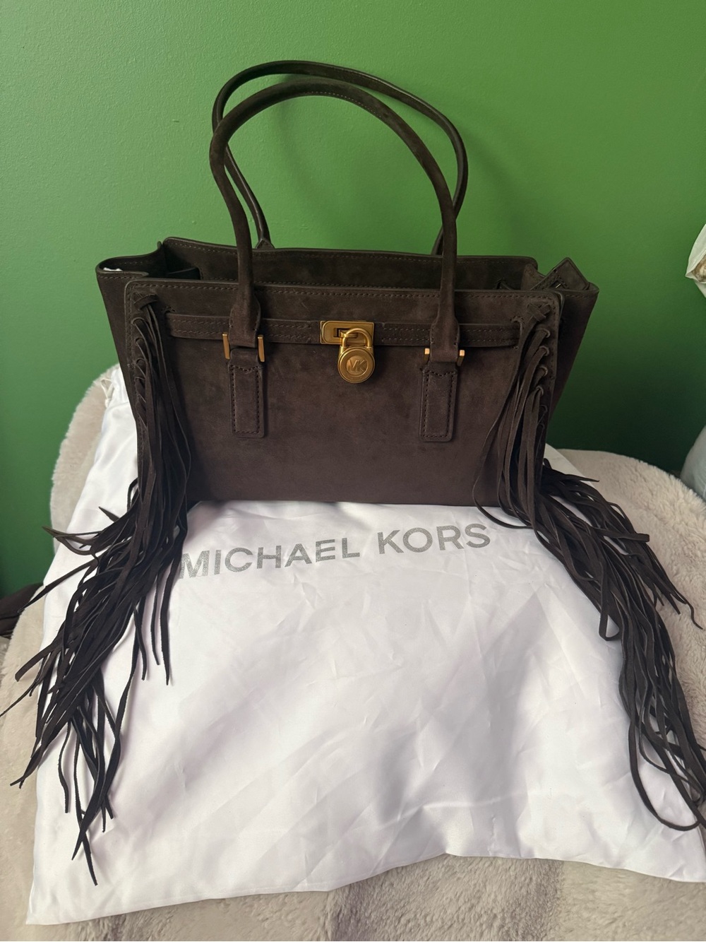 Michael Kors Hamilton Medium Dark Brown Suede Fringe East West Satchel, gold